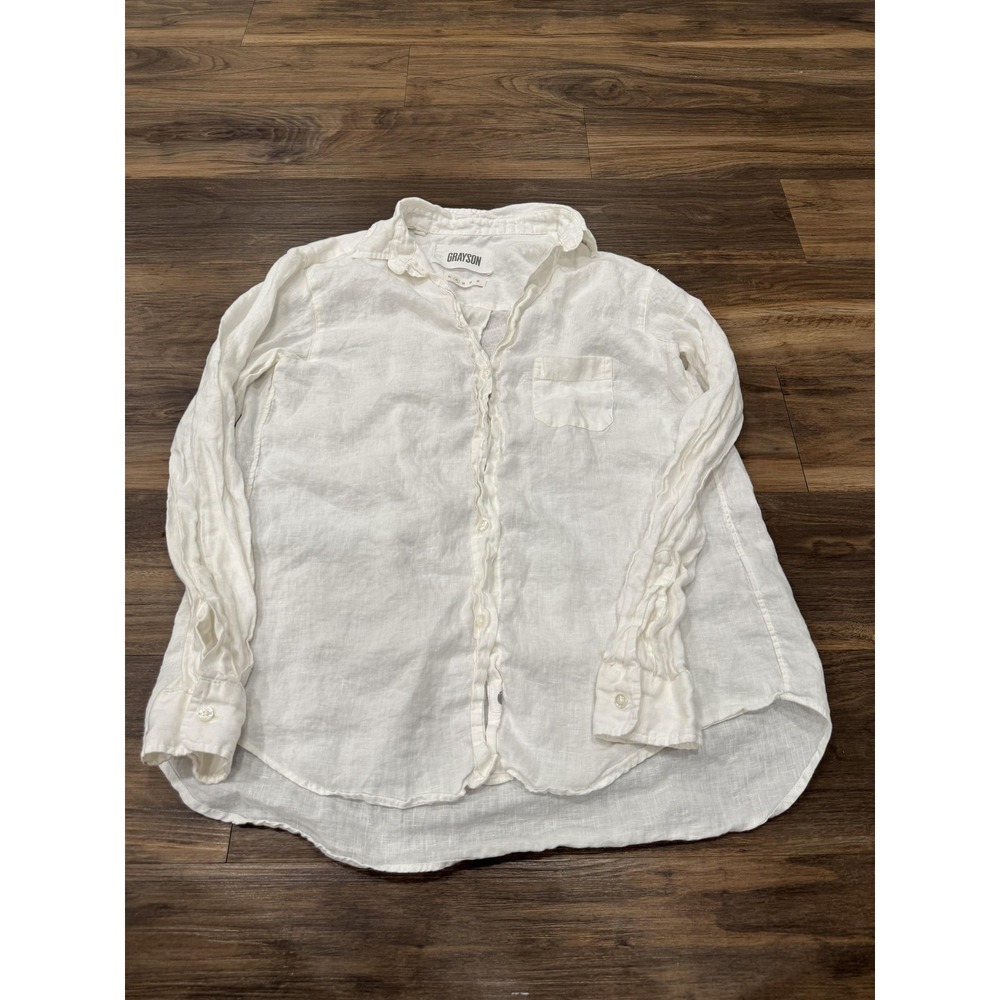 Grayson White Linen Button-Down Shirt with Ruffle Trim